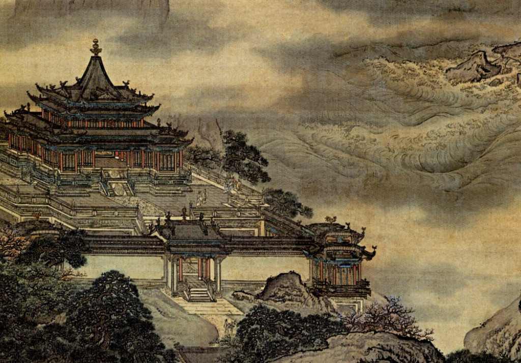 illustrazione antica cinese di montagna e tempio