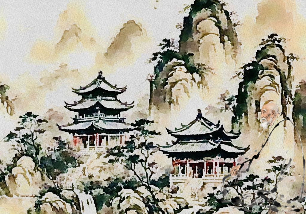 quadro stile cinese con montagne templi e un monaco